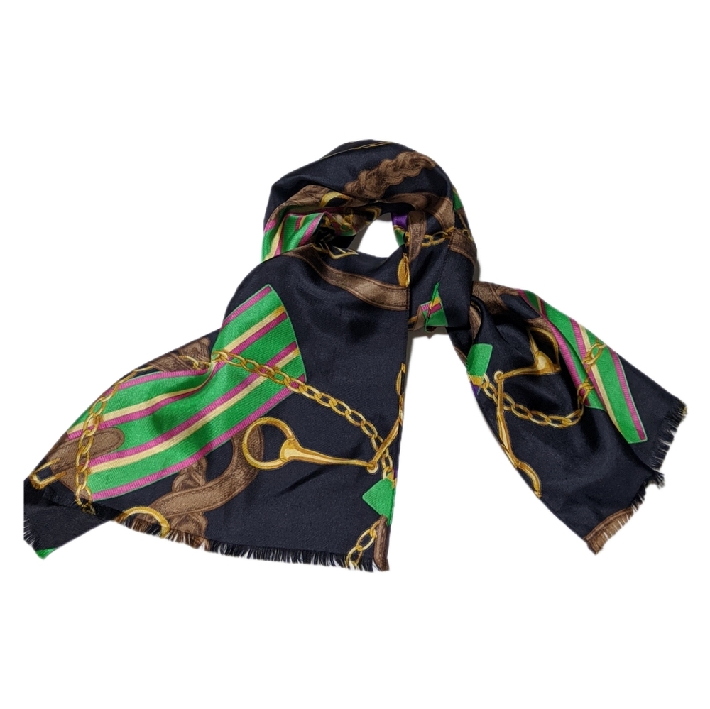 Blue Background with Short Fringe Equestrian Motif Satin? Scarf Green, Brown
